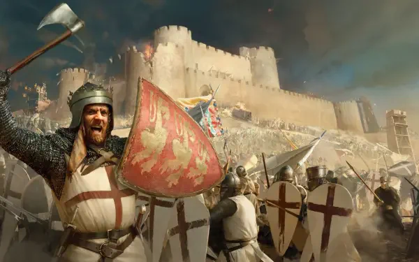 HD PC desktop wallpaper depicting a medieval fantasy battle from the video game Stronghold Crusader, featuring armored knights and a fortress under siege.