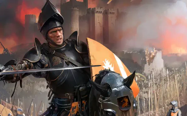 HD PC desktop wallpaper featuring a knight in armor from the video game Stronghold Crusader, set against a dramatic medieval castle battlefield background.