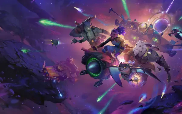 A vibrant 4K Ultra HD Wildgate gaming art wallpaper depicting characters and spacecraft engaged in an intense cosmic battle within a colorful galaxy backdrop.