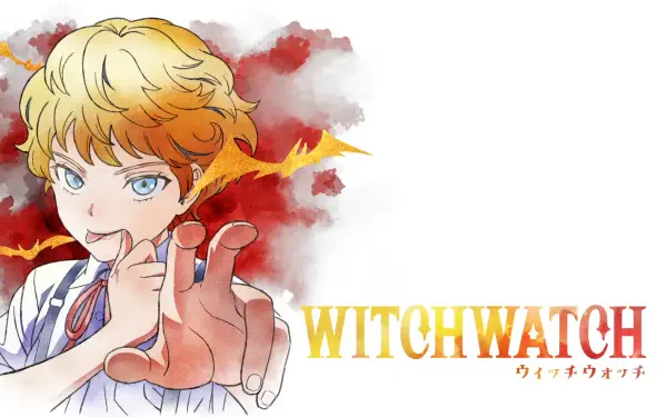 HD anime wallpaper featuring Miharu Kiryu from WITCH WATCH, with vibrant colors and dynamic pose against a fiery, smoky background.