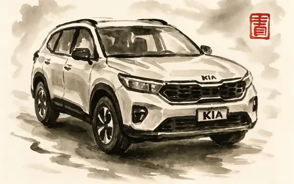 4K Ultra HD PC desktop wallpaper featuring a detailed artistic illustration of a Kia SUV in monochrome tones with a traditional stamp accent.