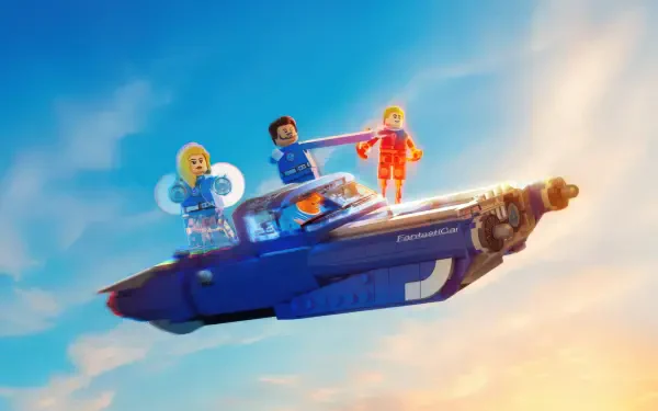 Lego characters from The Fantastic Four: First Steps soar on a futuristic hovercraft against a bright sky in this 4K Ultra HD PC desktop wallpaper.