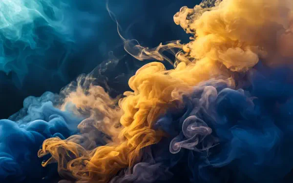 A vibrant swirl of colorful smoke in blue and golden hues, rendered in stunning 4K Ultra HD quality, creating a dynamic and abstract desktop wallpaper background.
