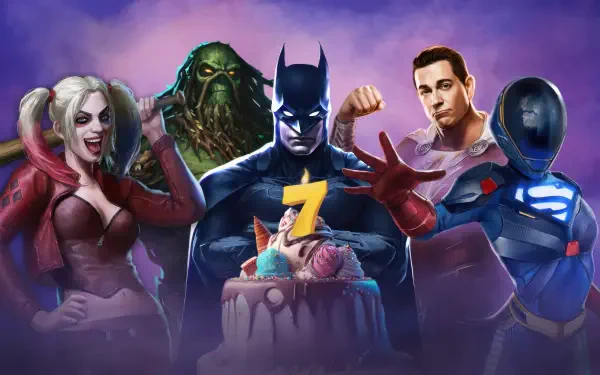 Injustice 2 4K Ultra HD PC wallpaper featuring Harley Quinn, Batman, and other characters celebrating a birthday with a cake against a vibrant purple background.