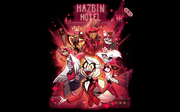 Vibrant Hazbin Hotel characters posed dynamically against a neon-lit motel backdrop in an 8K Ultra HD PC desktop wallpaper.