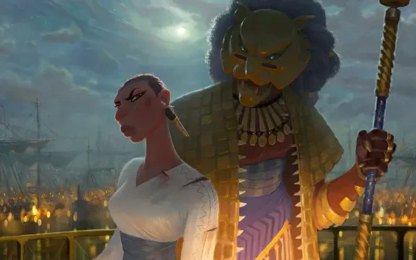 HD PC desktop wallpaper featuring animated characters from the TV show Eyes of Wakanda, showcasing a powerful scene with a woman and a regal figure against a dramatic backdrop.