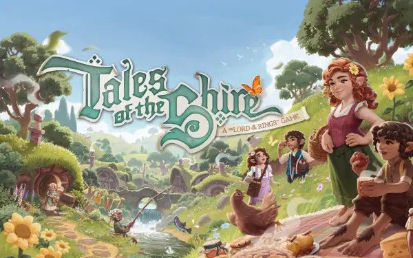 HD PC desktop wallpaper featuring vibrant gaming art from Tales of the Shire: A The Lord of the Rings Game, showcasing characters in a lush, fantasy landscape.