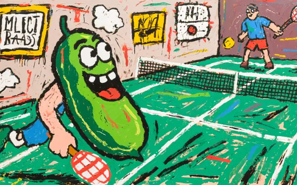 A vibrant 4K Ultra HD desktop wallpaper featuring a playful pickle character playing pickleball against a human opponent on an indoor court.