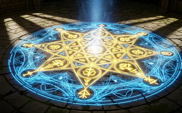 A glowing arcane circle with intricate symbols casts light on an ancient stone floor, rendered in 4K Ultra HD for a PC desktop wallpaper background.