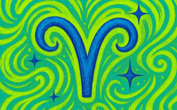 Vibrant Aries astrology symbol in bold blue against swirling green and yellow patterns, designed as a colorful 4K Ultra HD PC desktop wallpaper background.
