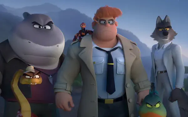 HD PC desktop wallpaper featuring characters from the movie The Bad Guys 2, showcasing a tough group including a shark, snake, wolf, and human in a dramatic setting.