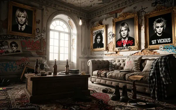 4K Ultra HD grunge PC desktop wallpaper featuring a worn, graffiti-covered room with vintage rockstar portraits and distressed furniture.