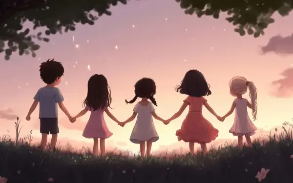 HD desktop wallpaper showing five friends holding hands at sunset, standing in a grassy field under a sky transitioning from pink to purple.