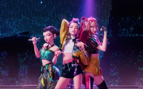 4K Ultra HD PC desktop wallpaper featuring three vibrant, futuristic KPop Demon Hunters posed confidently against a neon-lit digital backdrop.
