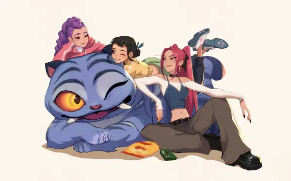 KPop Demon Hunters in 4K Ultra HD, featuring three stylized characters relaxing with a large, winking blue cat, set against a clean background for PC desktop wallpaper.