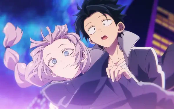 HD anime desktop wallpaper featuring Nazuna Nanakusa and Kou Yamori from Call of the Night with vibrant colors and dynamic night city background.
