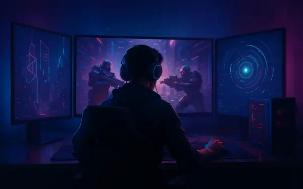 A gamer silhouetted against three glowing monitors in a dark room creates an immersive, aesthetic gaming scene in 4K Ultra HD PC desktop wallpaper quality.