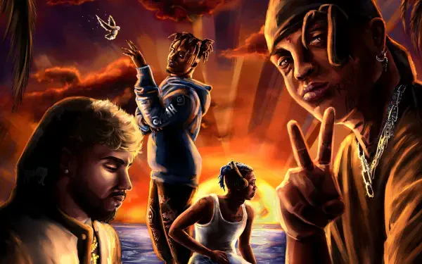 8K Ultra HD wallpaper featuring artistic portraits of XXXTentacion, Juice WRLD, Ski Mask the Slump God, and DJ Scheme against a vibrant sunset backdrop.