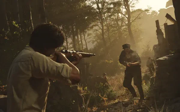 HD PC desktop wallpaper from the video game Mafia: The Old Country, depicting a tense standoff between two characters in a misty forest setting.