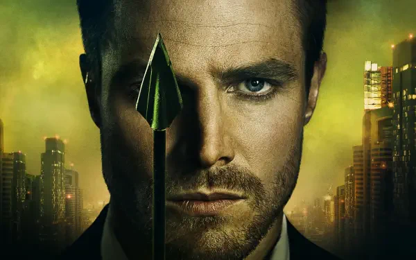 HD desktop wallpaper featuring a close-up of Arrow from the TV show, with his signature arrow aligned to his face against a cityscape background.