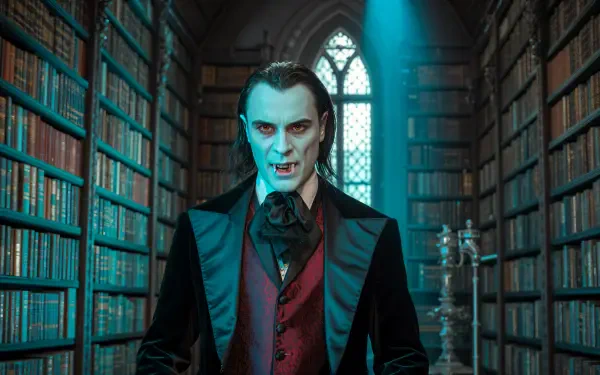 4K Ultra HD PC desktop wallpaper of Dracula standing in a dimly lit, gothic library with tall bookshelves and a stained-glass window casting eerie light.