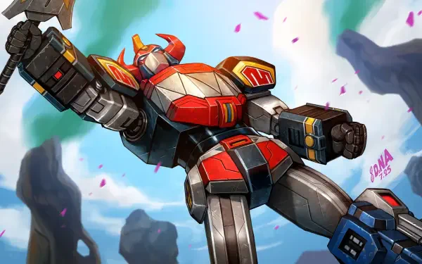 HD PC desktop wallpaper featuring the Fortnite Power Rangers Megazord in a dynamic pose against a vibrant sky and rocky landscape background.