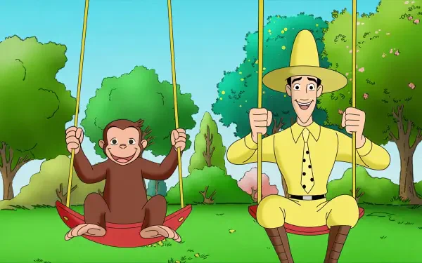 HD PC desktop wallpaper/background from the TV show Curious George: the Man with the Yellow Hat and George on red swings in a sunny green park.