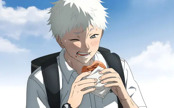 4K anime desktop wallpaper: Indou Hikaru from The Summer Hikaru Died — white-haired student in uniform and backpack smiling while eating a sandwich beneath a bright blue sky.