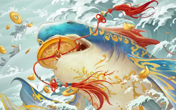 Meg 2: The Trench 4K Ultra HD PC desktop wallpaper — ornate shark draped in blue-gold ceremonial cloth with red tassels and gold coins, surging through stylized ocean waves.