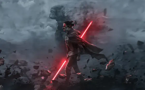 Rey (Star Wars) in dark attire strides through stormy rubble, wielding red dual lightsabers — dramatic 4K Ultra HD PC desktop wallpaper and background.