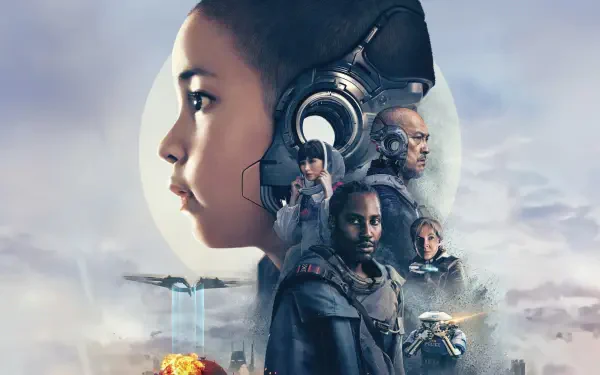 4K Ultra HD PC desktop wallpaper: poster-style art from The Creator (2023) showing a giant female profile above a squad of soldiers, drones, explosions and a hazy moonlit sky.