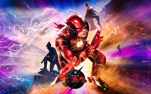 The Flash (2023) 4K Ultra HD PC wallpaper: The Flash in red suit racing forward with lightning streaks, silhouettes of other figures and a vibrant purple-orange speed energy backdrop.