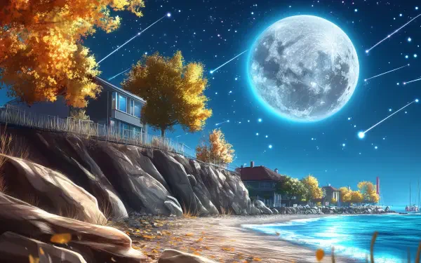 HD PC desktop wallpaper: fantasy coastal landscape with a glowing Sturgeon Moon, meteor shower and streaking shooting stars above a rocky shore and seaside house framed by autumn trees.