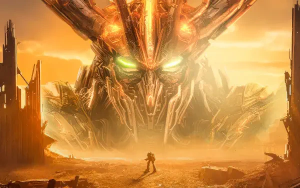 Transformers: Rise of the Beasts 4K Ultra HD PC desktop wallpaper depicting a lone figure facing a massive, glowing-eyed robotic face rising from a sunlit desert wasteland.