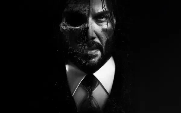 John Wick: Chapter 4 4K Ultra HD PC desktop wallpaper — high-contrast split-face portrait: half man, half skull, wearing a suit and tie against a black background.