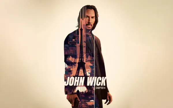 John Wick: Chapter 4 4K Ultra HD PC desktop wallpaper featuring a lone, coat-clad protagonist with a double-exposed city and Eiffel Tower silhouette and bold film title.