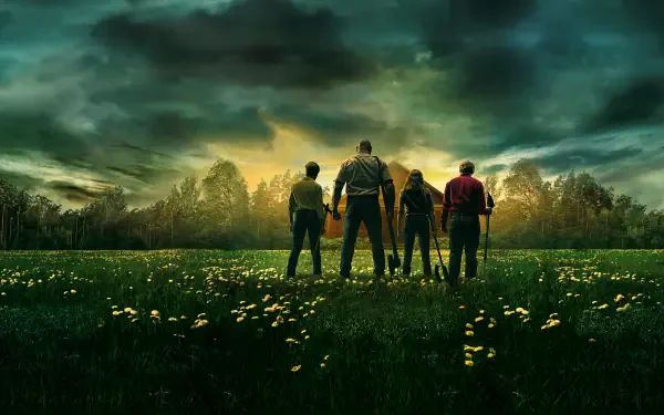 Five silhouetted figures stand in a flowered meadow facing a distant cabin beneath a dramatic stormy sky — Knock at the Cabin, 4K Ultra HD PC desktop wallpaper and background.