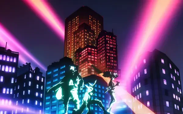 My Hero Academia: Vigilantes 4K Ultra HD PC desktop wallpaper and background — neon-lit city skyline, towering skyscrapers and silhouetted vigilante figures beneath sweeping searchlights.
