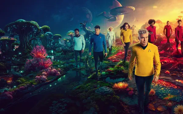 Star Trek: Strange New Worlds 4K Ultra HD PC desktop wallpaper — crew strides through a glowing alien field of bioluminescent plants, colorful rock formations, twin moons and a vivid sunset sky.
