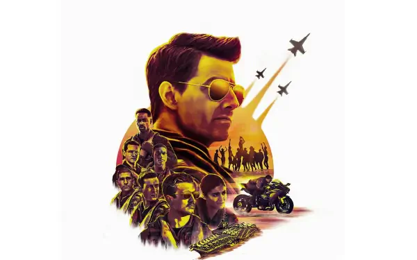 Top Gun: Maverick 4K Ultra HD PC desktop wallpaper: stylized pilot profile with formation jets, crew silhouettes, motorcycle and warship set against a warm sunset backdrop.