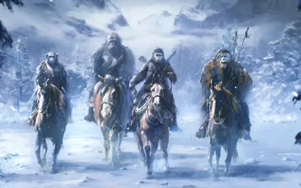 War For The Planet Of The Apes HD PC desktop wallpaper showing four apes on horseback riding through a snowy, stormy landscape.