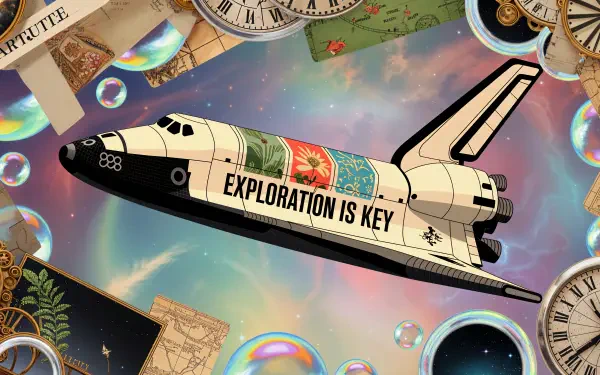 Vintage-style space shuttle labeled Exploration Is Key drifts through clocks, maps and iridescent bubbles in a colorful cosmic scene — 4K Ultra HD PC desktop wallpaper background.