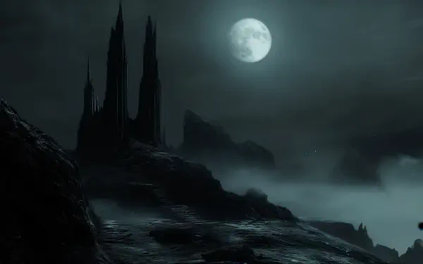 Fantasy 4K Ultra HD PC desktop wallpaper: moonlit rocky coast with jagged black spire towers rising above a misty sea beneath a full moon — dark, atmospheric background.