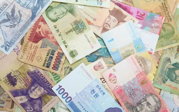 HD PC desktop wallpaper showing scattered international banknotes and currency — colorful close-up of money from multiple countries.