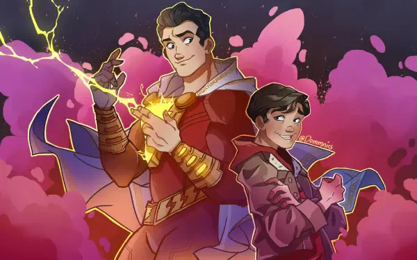 Shazam (Movie) 4K Ultra HD PC desktop wallpaper and background showing comic-style Shazam and Billy Batson in lightning-charged poses against vibrant pink clouds.