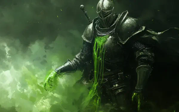 4K Ultra HD PC desktop wallpaper: a fantasy knight in cursed black armor, green poisonous ichor dripping from gauntlets and chest, wreathed in toxic emerald mist.