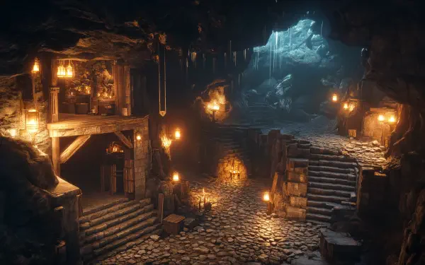 4K Ultra HD PC desktop wallpaper/background: fantasy dwarven mine interior, torchlit stone stairways, wooden platforms and a blue-lit cavern mouth.