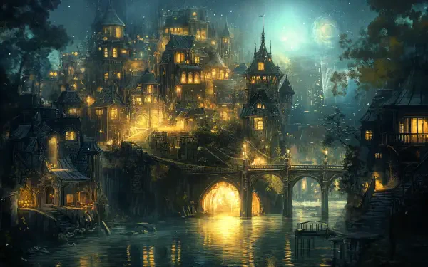 4K Ultra HD PC desktop wallpaper/background: a glowing fantasy city of cliffside houses and arched bridges, golden lights reflecting on a misty river beneath a moonlit sky.