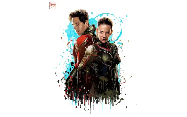 4K Ultra HD PC desktop wallpaper: Ant-Man and the Wasp back-to-back with vibrant paint-splatter and dripping ink effects on a white background.