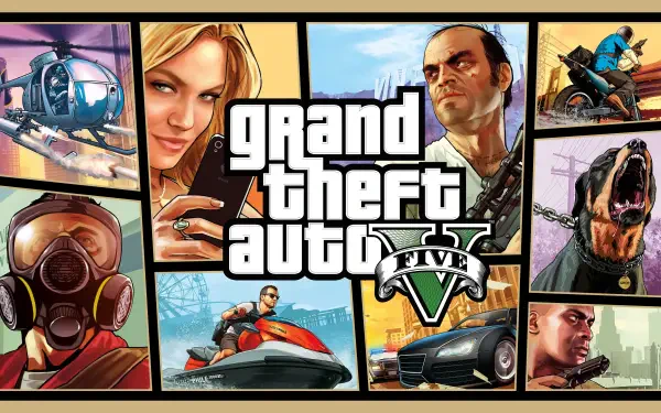Grand Theft Auto V 4K Ultra HD PC desktop wallpaper and background showing a vibrant collage of game characters, vehicles, helicopter, dog and the GTA V logo in comic-style panels.